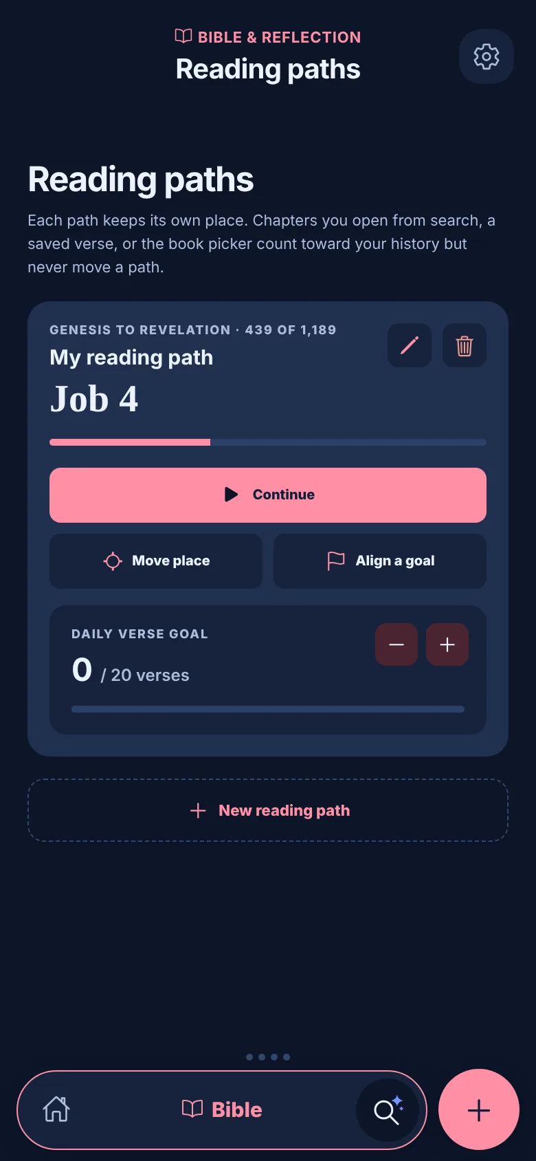 Bible reading paths: Genesis to Revelation at Job 4, with a daily verse goal