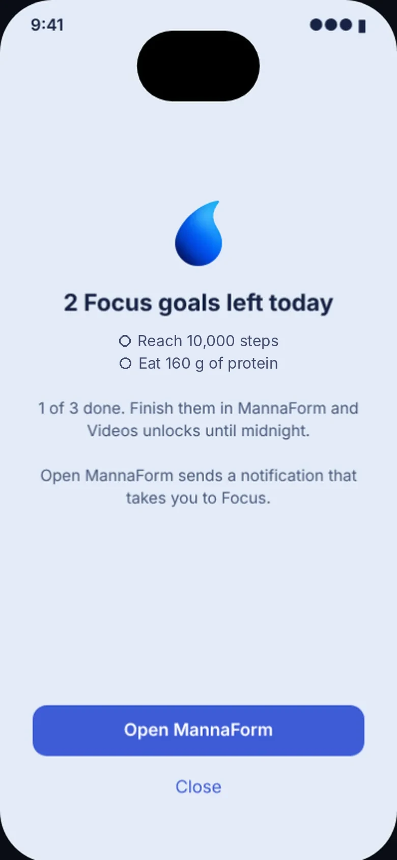 iPhone Focus shield: 2 Focus goals left today, reach 10,000 steps and eat 160 g of protein